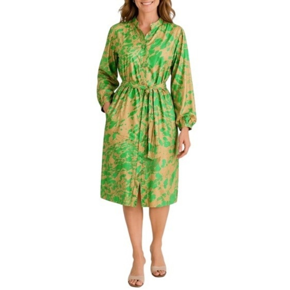 Beaumont Netherlands Shirt Dress Womens M Cotton Green Tan Abstract Belted Midi